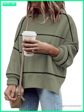Oversized Ribbed Pullover Sweater Side Slit Batwing Sleeve Fall